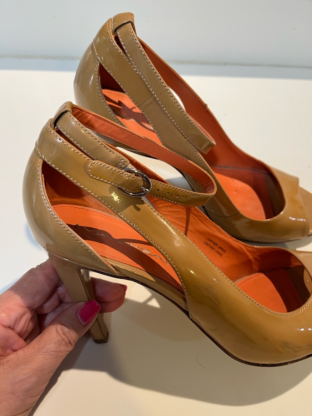 Peep-Toe Ankle Strap Heels in Tan size 8.5 medium patent leather